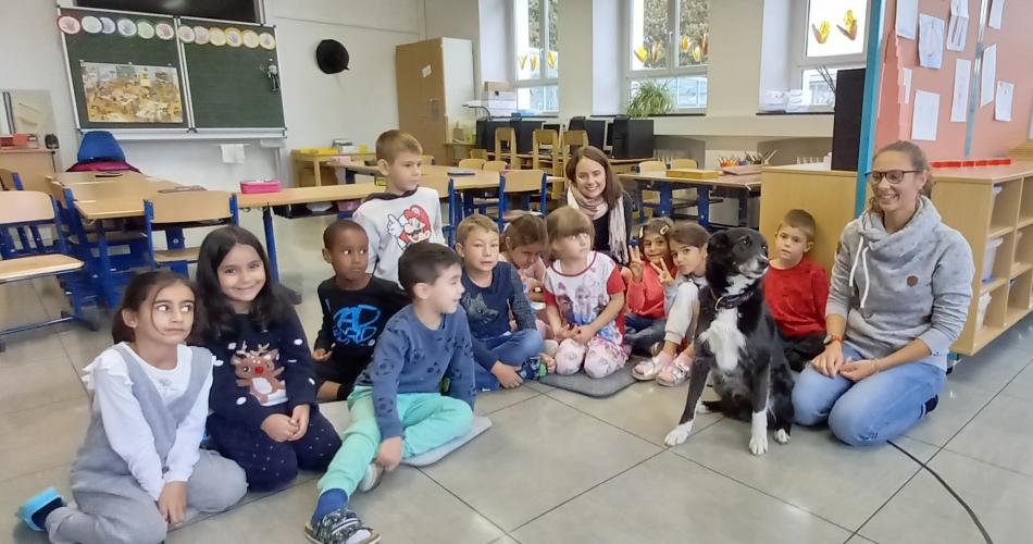 Klassenfoto mit Lehrerinnen, Hund und Frauchen